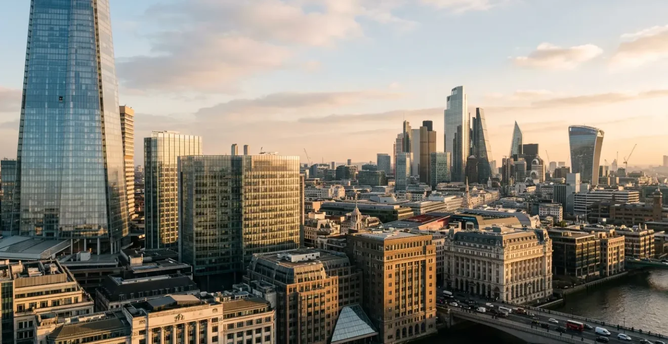 Elevated perspective of prestigious London Zone 1 commercial architecture with dramatic natural lighting