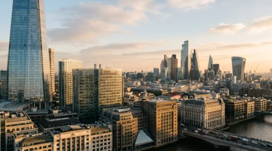 Elevated perspective of prestigious London Zone 1 commercial architecture with dramatic natural lighting