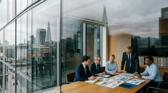 Professional financial analysis scene showing commercial property cash flow assessment for UK lenders