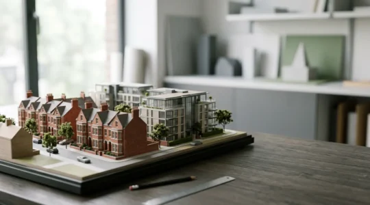 Financial strategy concept illustrating UK property development investment analysis with IRR metrics