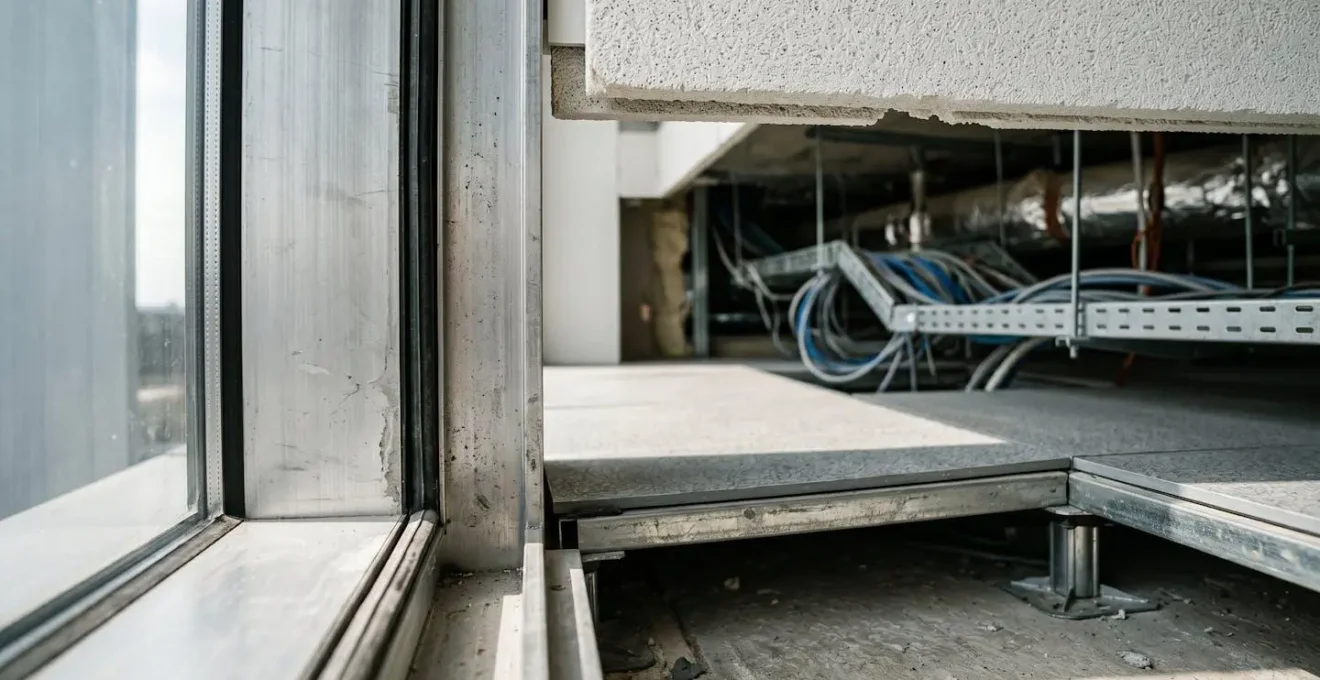 Close-up of commercial building structural elements showing acoustic challenge zones