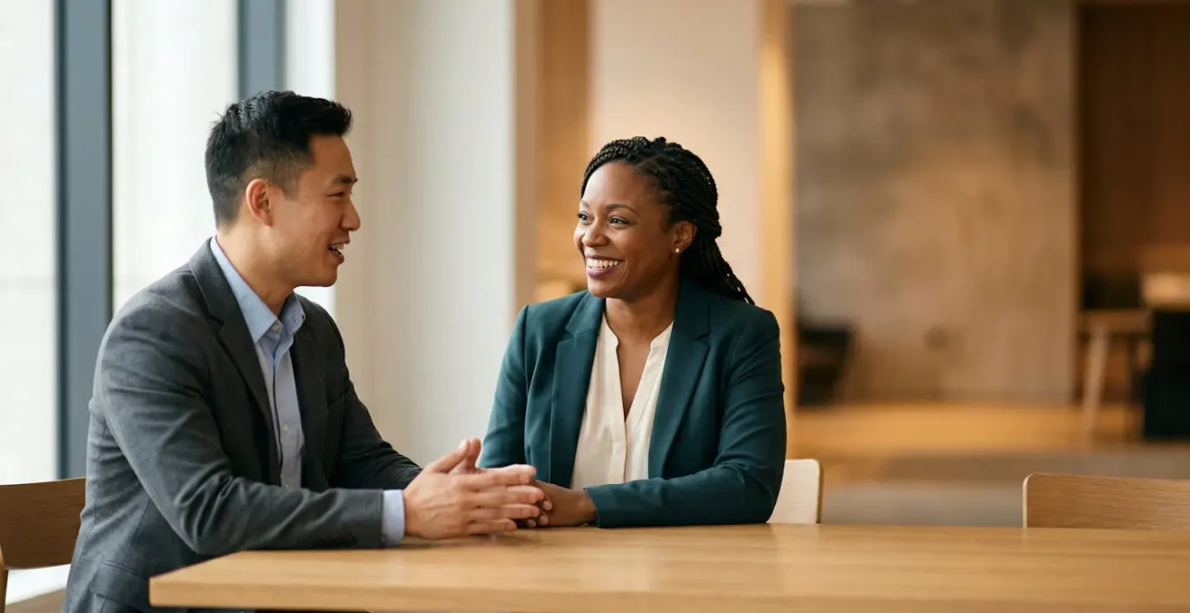 Two business professionals engaging in partnership discussion in modern minimalist setting