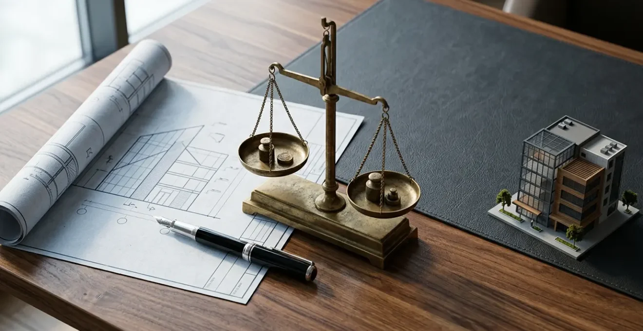 Professional commercial real estate transaction negotiation with legal documents and property plans
