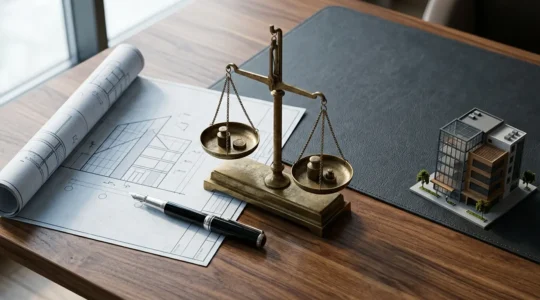 Professional commercial real estate transaction negotiation with legal documents and property plans
