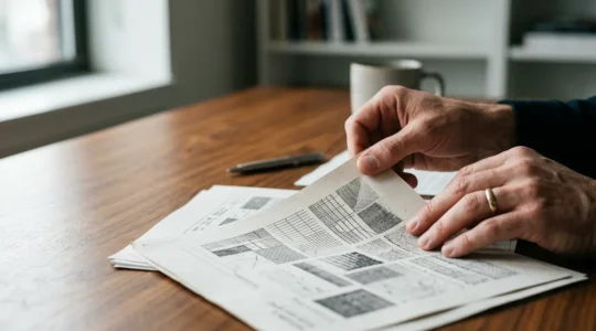 Close-up of hands reviewing commercial property legal documents during disclosure process