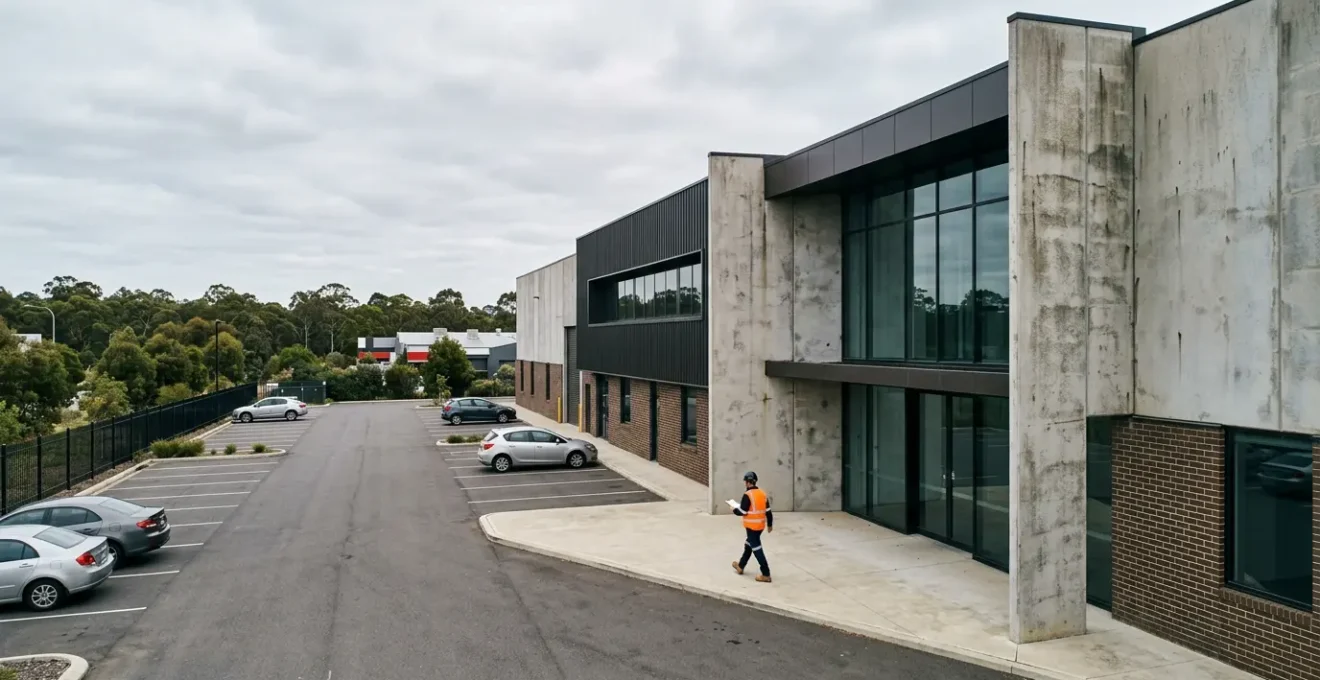 Professional environmental assessment being conducted on commercial property with documentation and site inspection
