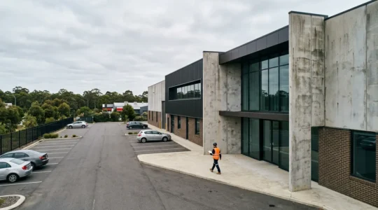 Professional environmental assessment being conducted on commercial property with documentation and site inspection