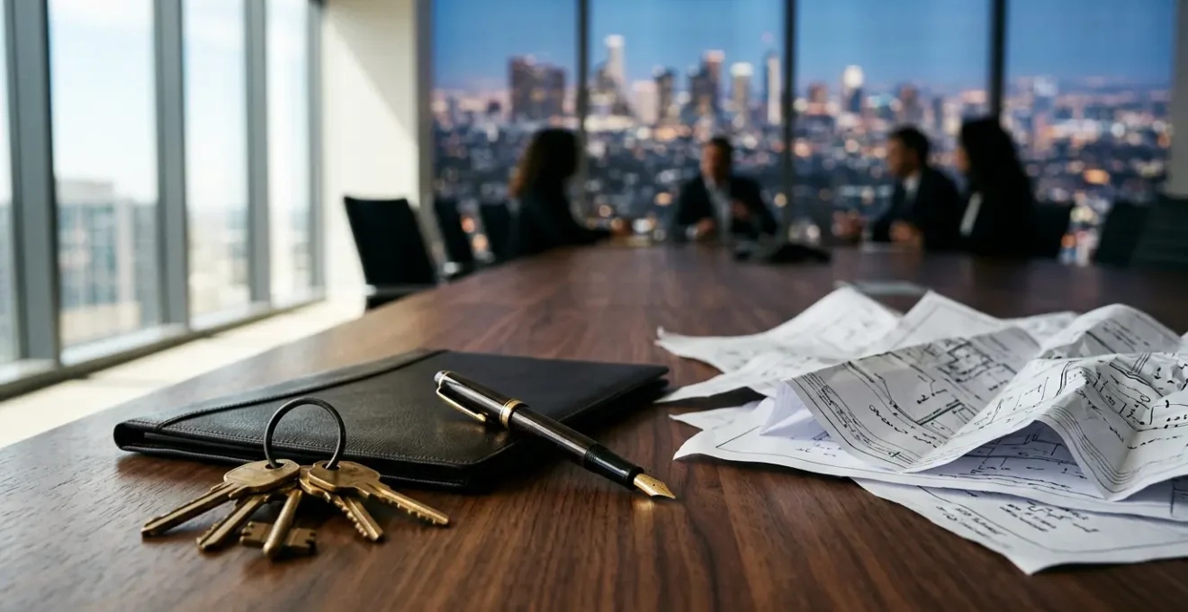 Professional business negotiation scene for commercial property transaction with heads of terms documentation