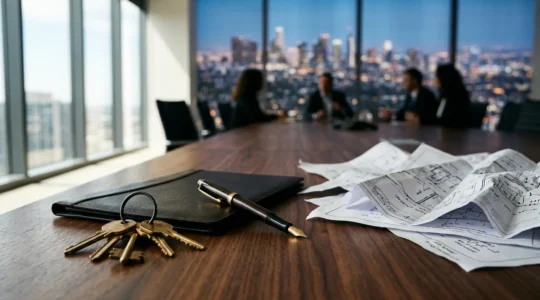 Professional business negotiation scene for commercial property transaction with heads of terms documentation