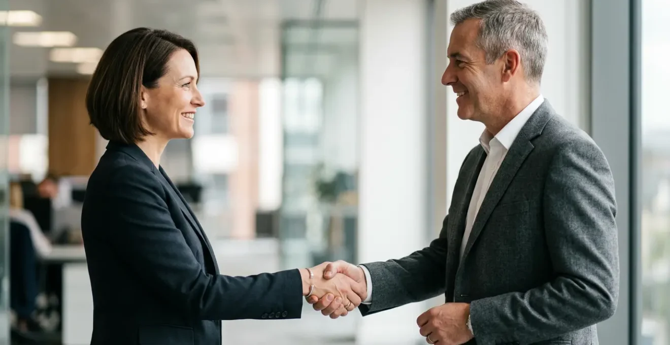 Professional business meeting handshake in modern UK office setting symbolizing accelerated commercial property deal completion