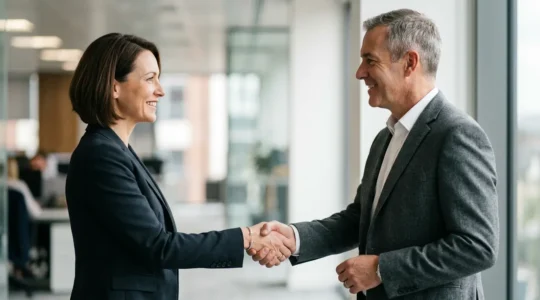 Professional business meeting handshake in modern UK office setting symbolizing accelerated commercial property deal completion