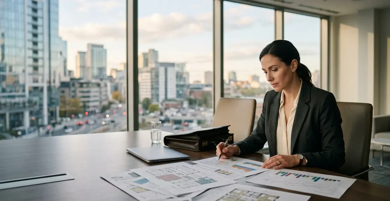 Executive presenting comprehensive commercial real estate exit strategy documentation with modern office building visible through floor-to-ceiling windows