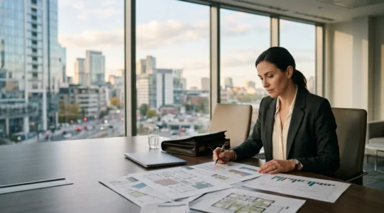 Executive presenting comprehensive commercial real estate exit strategy documentation with modern office building visible through floor-to-ceiling windows