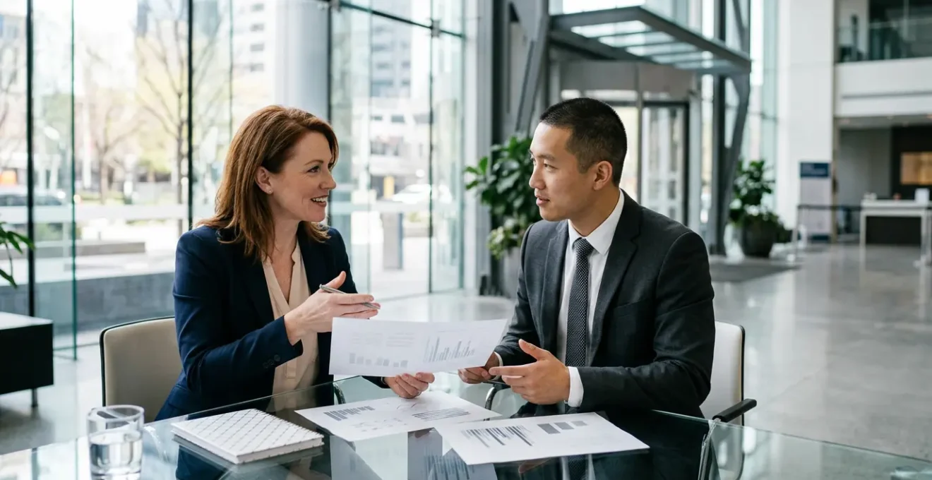 Professional commercial property manager reviewing service charge documentation with tenant in modern office building lobby