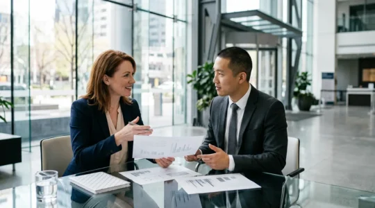 Professional commercial property manager reviewing service charge documentation with tenant in modern office building lobby