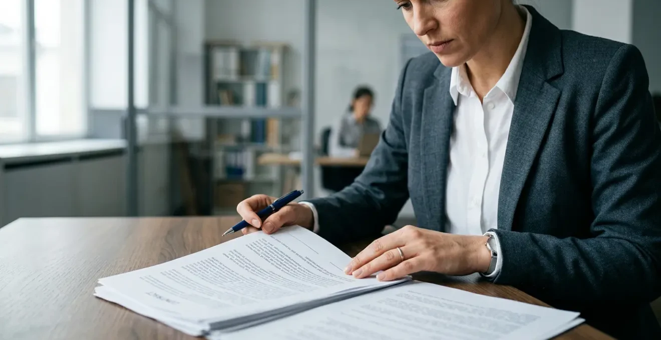 Professional businessman reviewing critical legal documents at modern desk with natural lighting representing pre-completion due diligence process