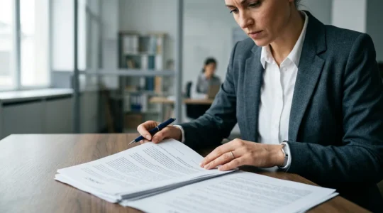 Professional businessman reviewing critical legal documents at modern desk with natural lighting representing pre-completion due diligence process