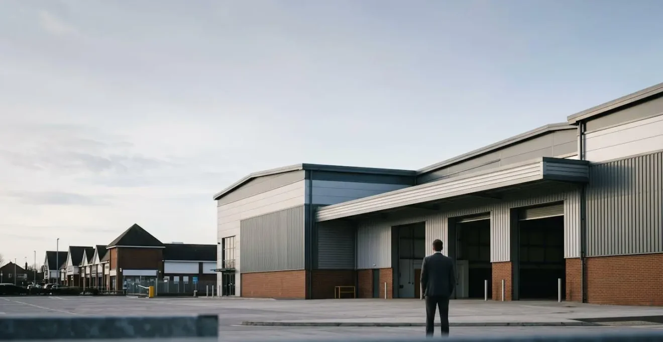 Wide environmental shot contrasting modern industrial logistics facility with traditional retail architecture in contemplative composition