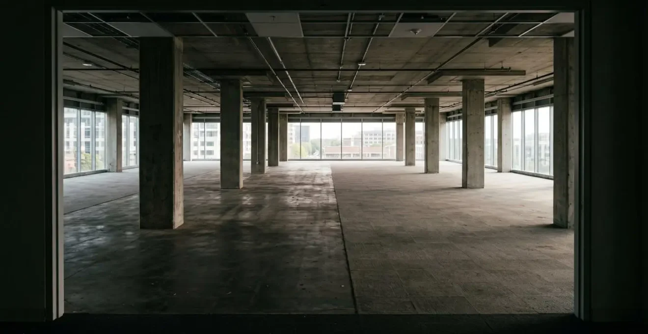 Interior office space showing natural light distribution challenges in a deep floor plate