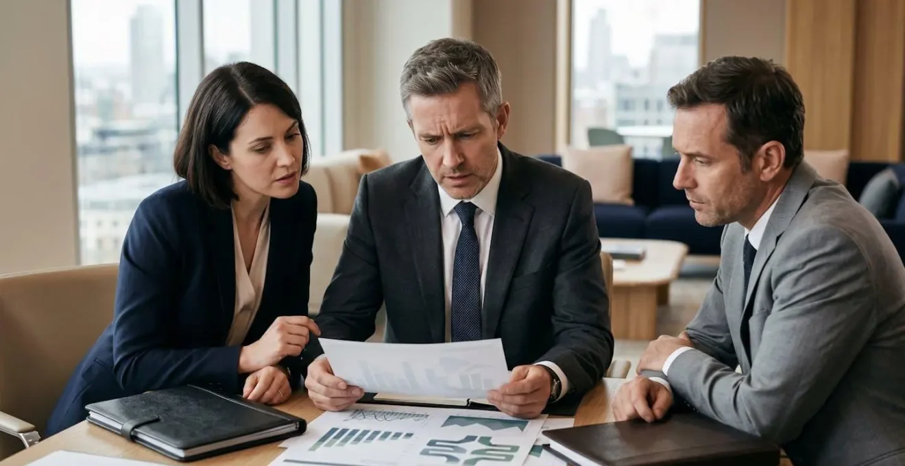 Corporate crisis management meeting addressing debt service coverage ratio breach remediation strategy