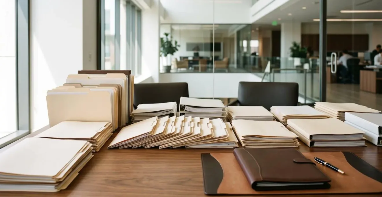 Organized commercial real estate due diligence documents stacked methodically on executive desk with ambient natural lighting