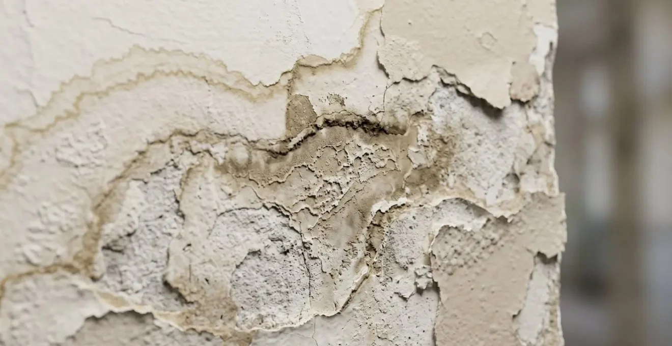 Macro close-up of water-damaged building material revealing concealed flood history