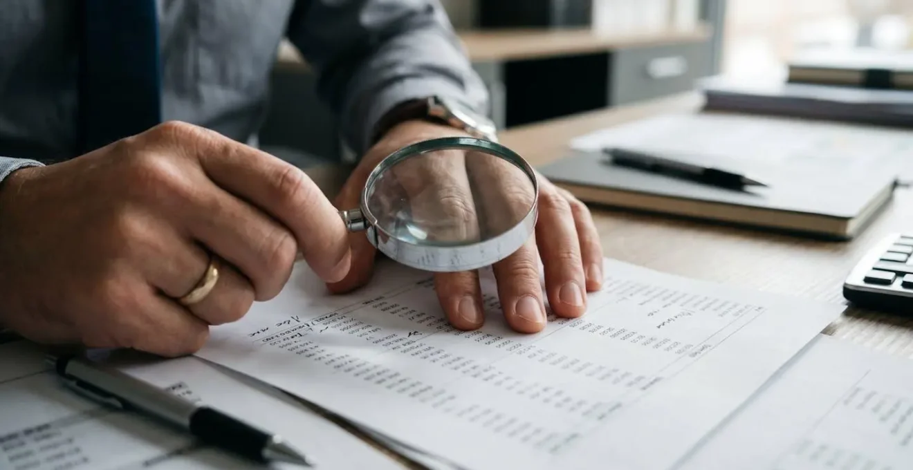 Macro close-up of financial analysis with extreme depth of field emphasizing critical details