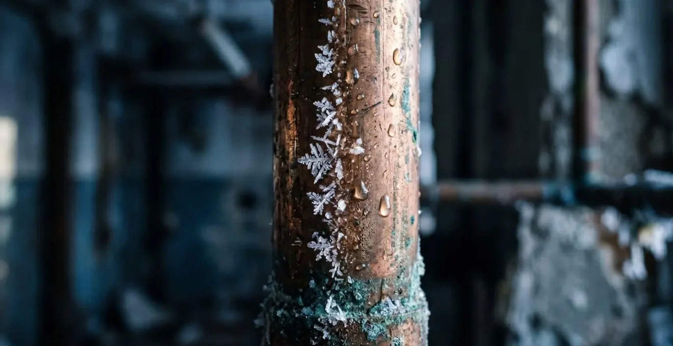 Close-up of frost formation on metal pipe representing unoccupied property insurance risk