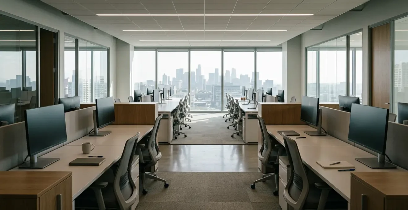 Wide angle view of a modern office floor with rows of empty desks, natural light streaming through floor-to-ceiling windows, capturing the paradox of high occupancy contracts but low physical presence