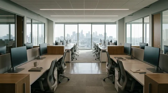 Wide angle view of a modern office floor with rows of empty desks, natural light streaming through floor-to-ceiling windows, capturing the paradox of high occupancy contracts but low physical presence