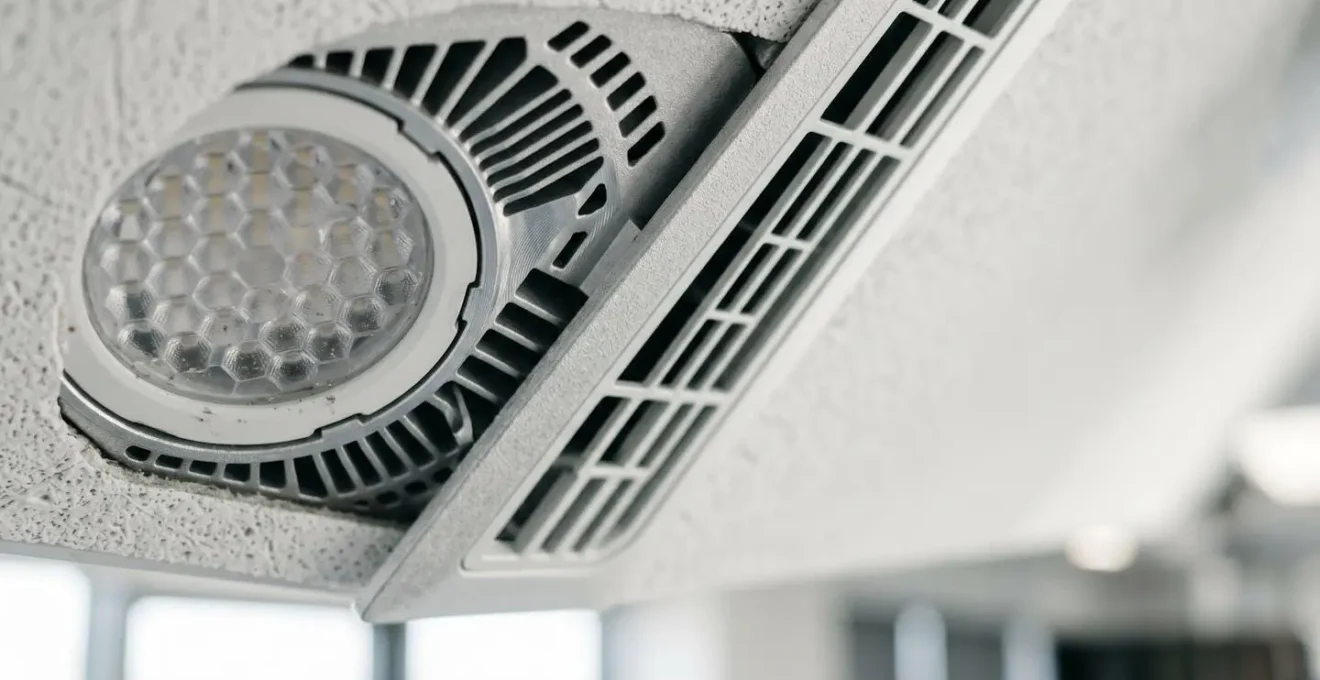 Modern LED lighting installation and HVAC system components in commercial office space