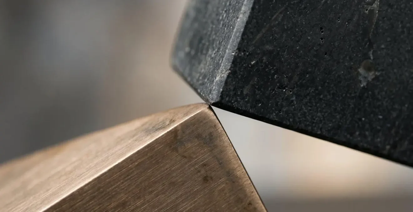Macro close-up of balanced architectural elements suggesting critical threshold moment in commercial property transaction