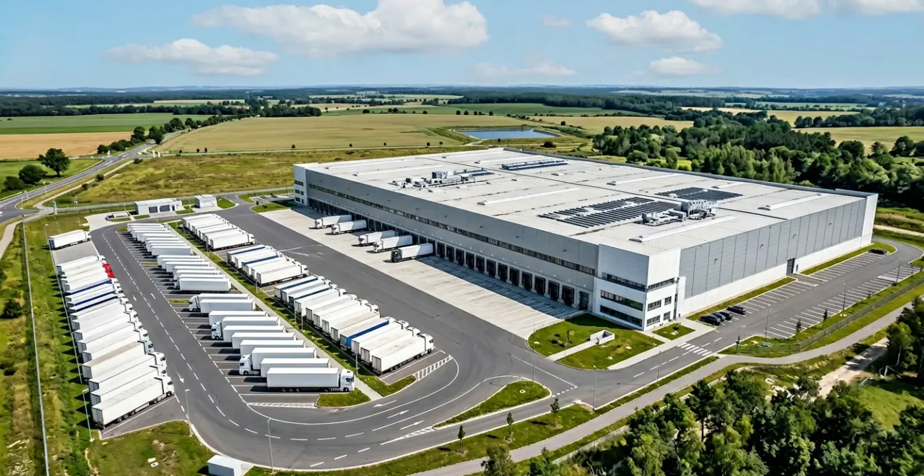Aerial view of a modern logistics warehouse facility with organized yard and loading bays