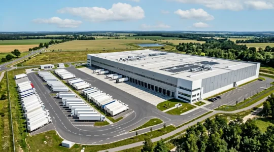 Aerial view of a modern logistics warehouse facility with organized yard and loading bays