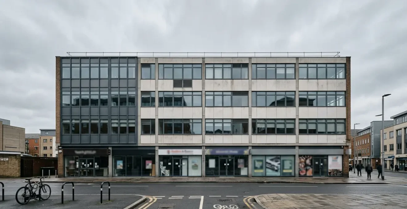 Modern office building with mixed architectural elements showing conversion potential in urban setting