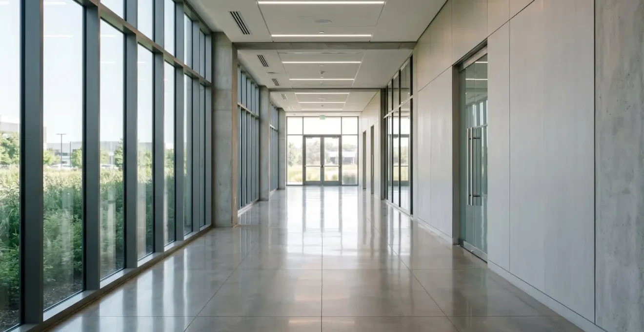 Pristine modern commercial building common area showing professional cleaning standards with natural lighting and clean surfaces