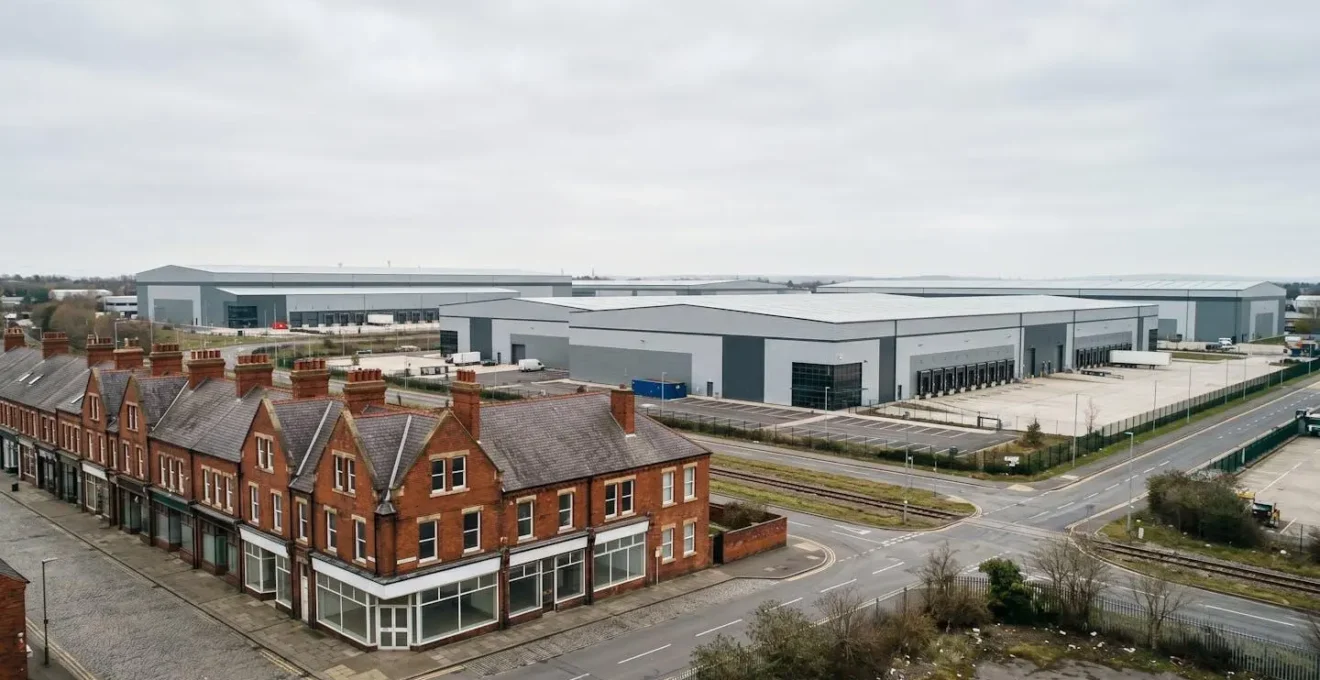 Wide environmental view contrasting traditional retail buildings with modern logistics warehouses representing sector rotation strategy