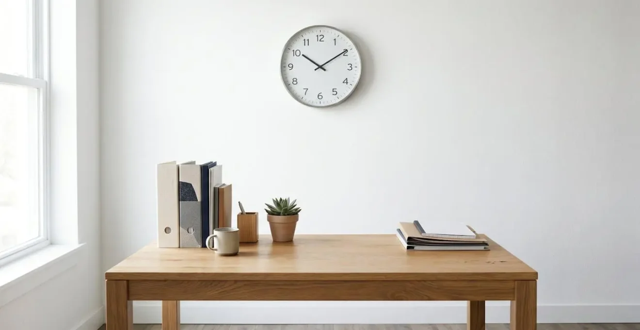 Minimalist wide shot showing clock and financial documents representing swift property exchange