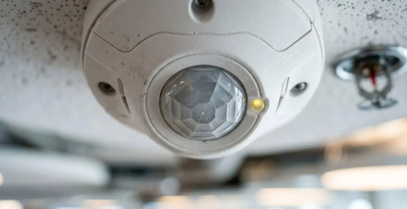 Macro close-up photograph of workplace occupancy sensor technology mounted on office ceiling, capturing intricate surface details and LED indicators in soft focus background