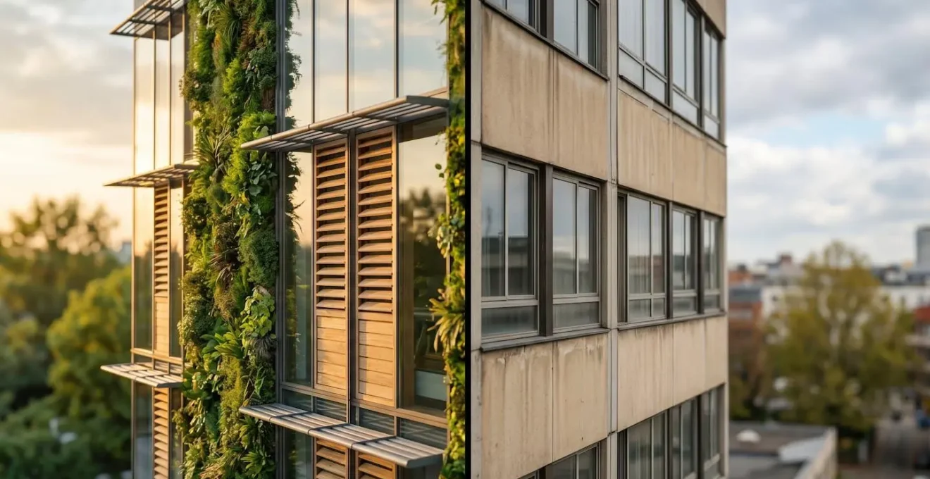 High-performance sustainable commercial office building showcasing environmental certification features