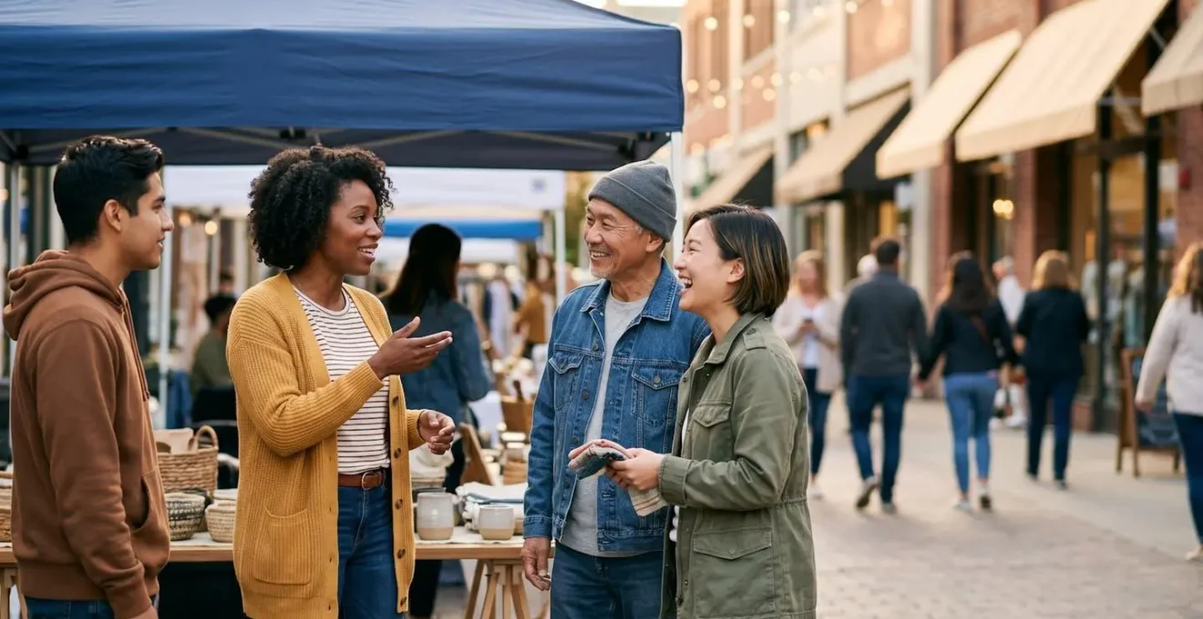 Medium shot capturing authentic human interaction at outdoor retail activation event, people engaging naturally with local market stalls, warm afternoon lighting creating welcoming atmosphere