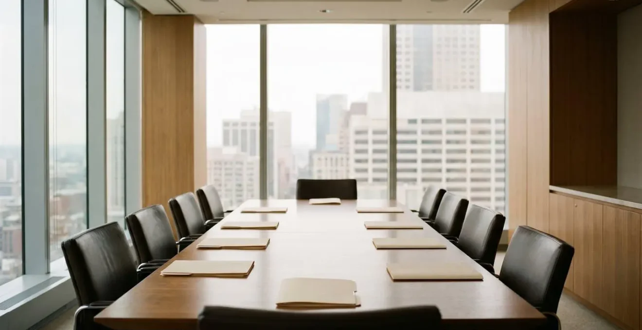 Bank credit committee reviewing commercial loan application documents in a professional boardroom setting
