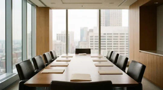 Bank credit committee reviewing commercial loan application documents in a professional boardroom setting