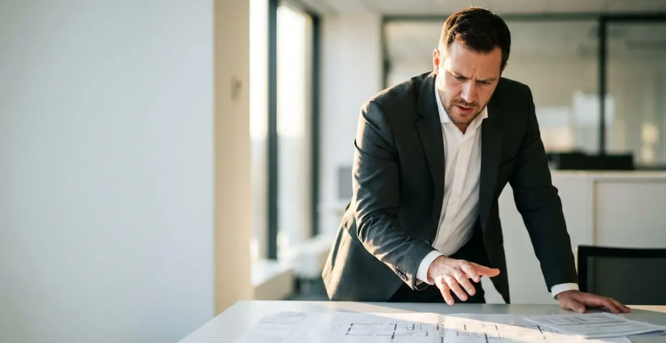 Commercial real estate developer reviewing property documents with urgency as deadline approaches