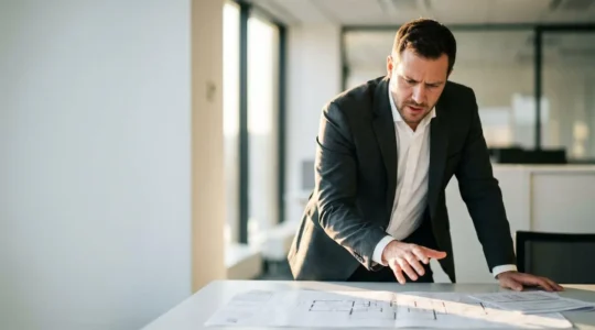 Commercial real estate developer reviewing property documents with urgency as deadline approaches