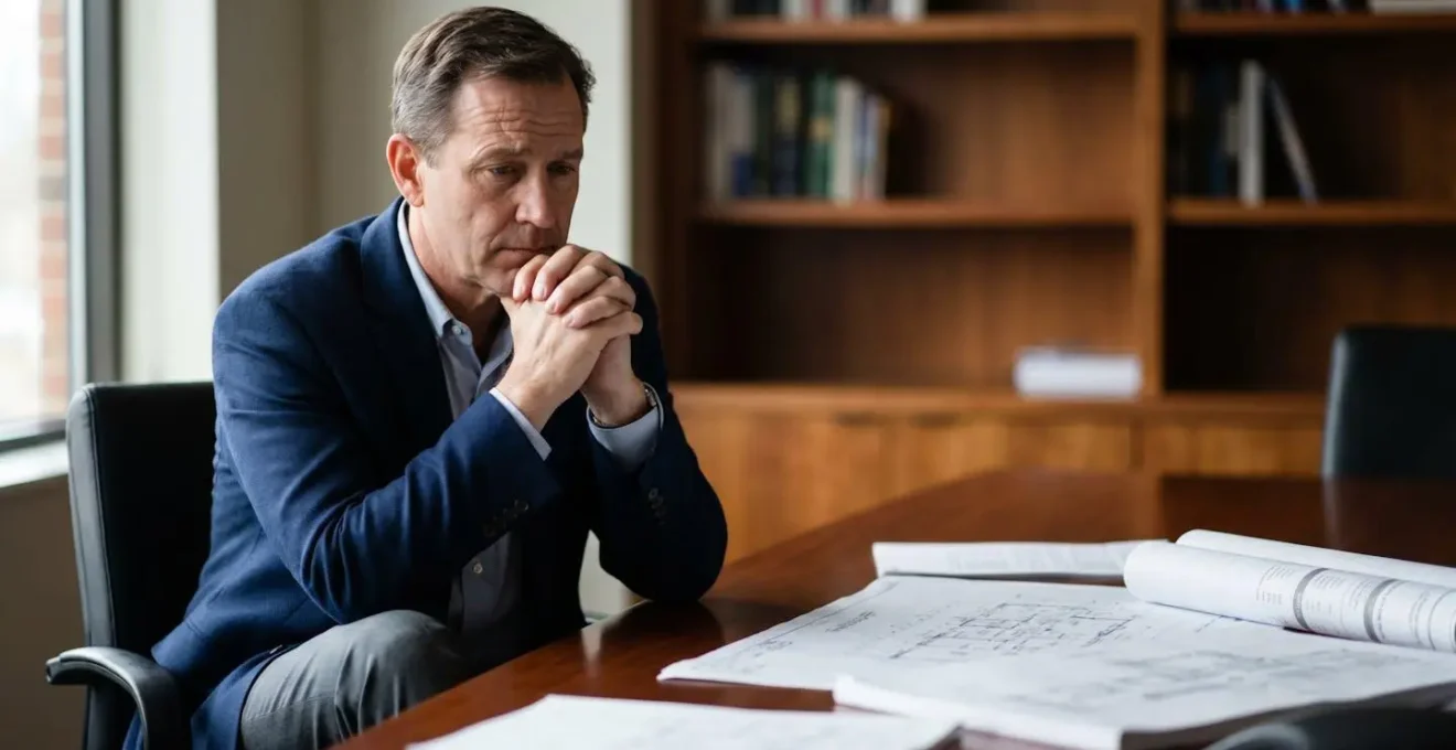 Financial professional reviewing commercial real estate loan documents under dramatic lighting