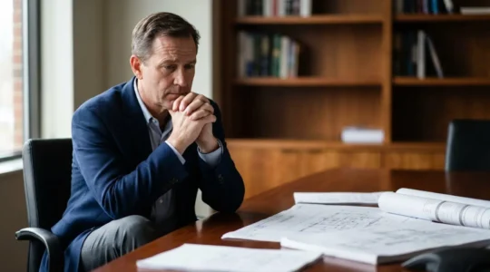 Financial professional reviewing commercial real estate loan documents under dramatic lighting