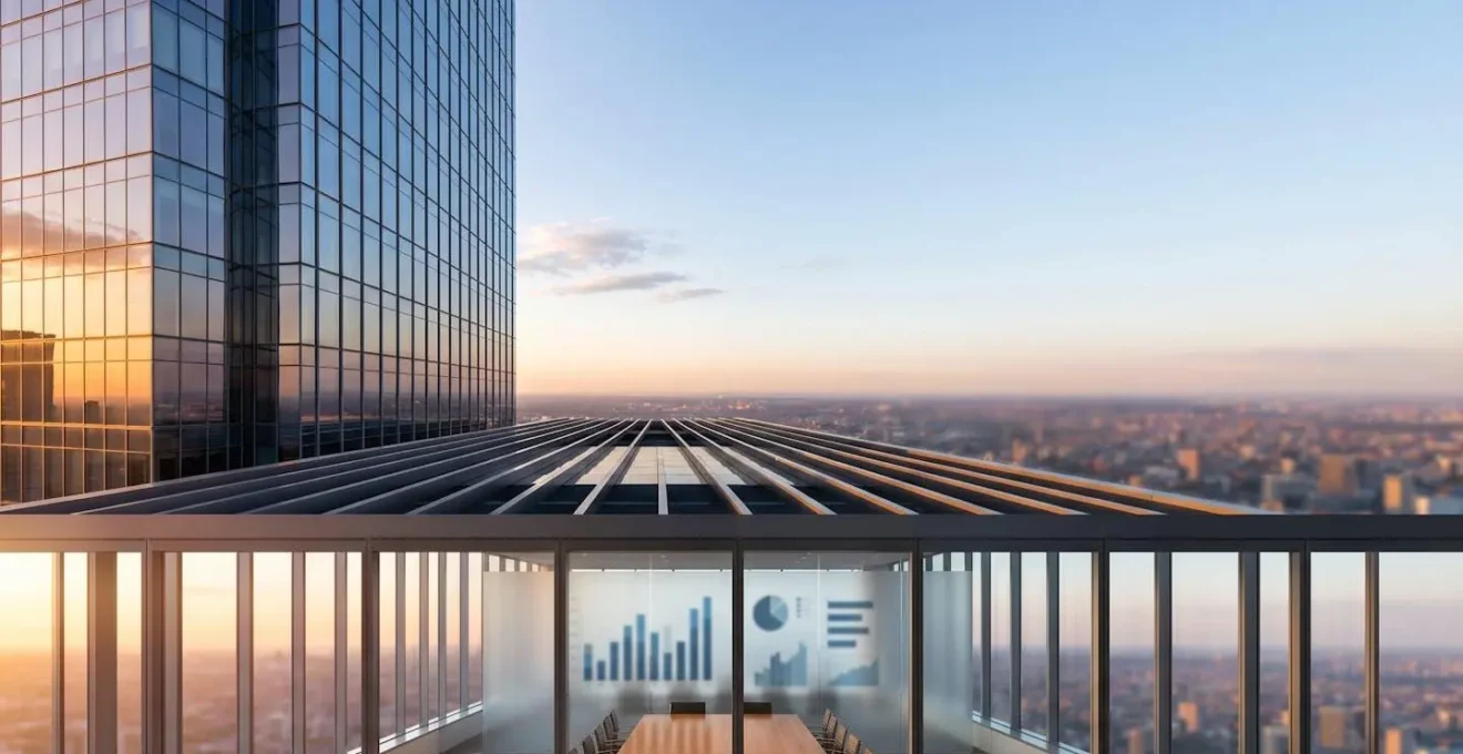 High-angle architectural view of modern glass office tower with strategic cash reserve vault metaphor highlighting liquidity importance in commercial real estate financing