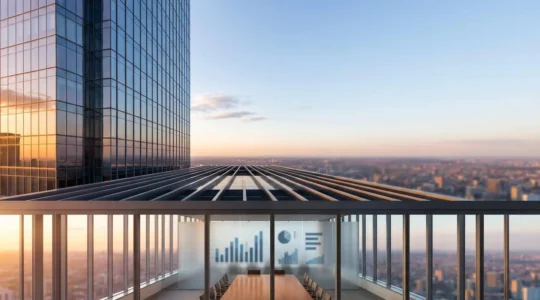 High-angle architectural view of modern glass office tower with strategic cash reserve vault metaphor highlighting liquidity importance in commercial real estate financing