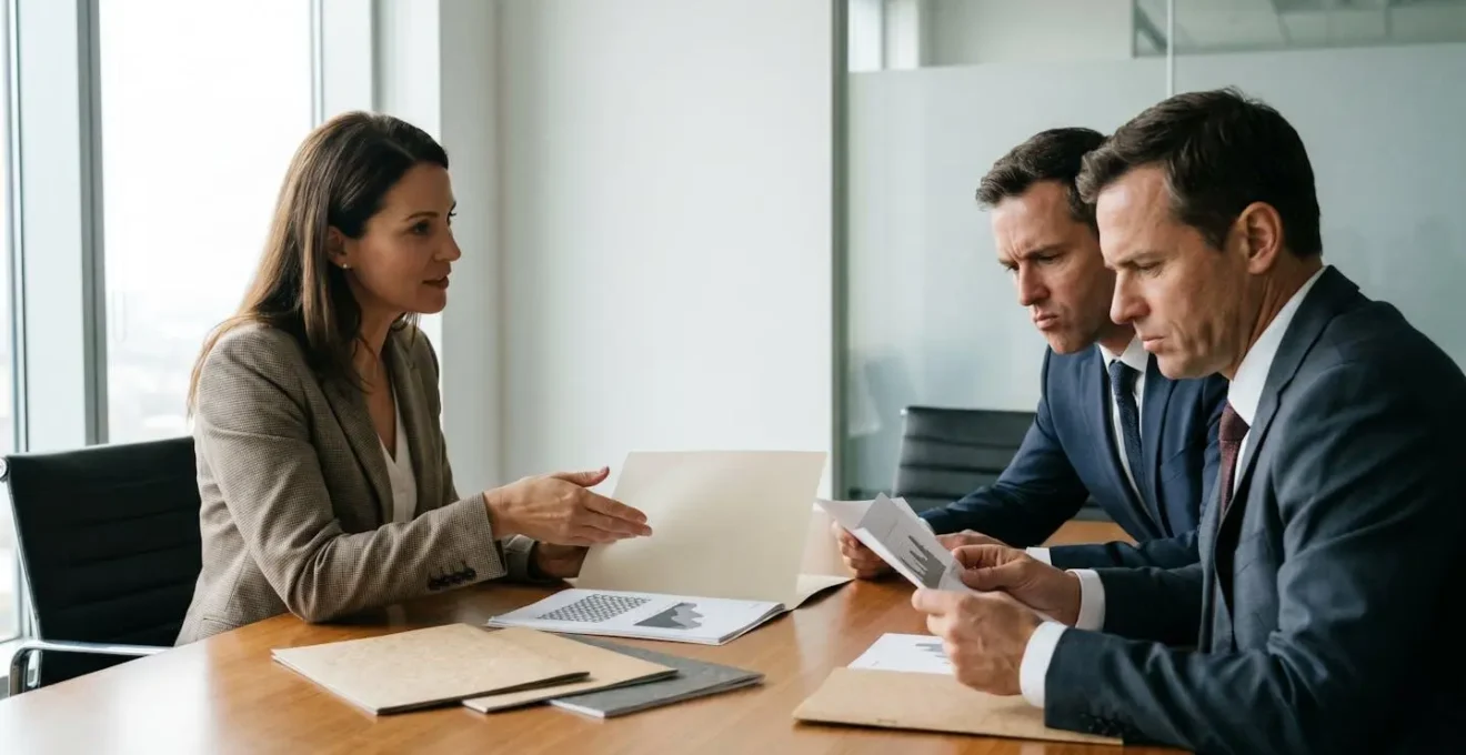 Professional meeting scene showing real estate investors evaluating sponsor credentials and track records